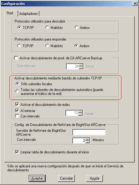 Cuadro de diálogo Configuración de descubrimiento. Se resalta la sección Activar descubrimiento mediante barrido de subredes TCP/IP y se especifica la opción Sólo subredes locales.