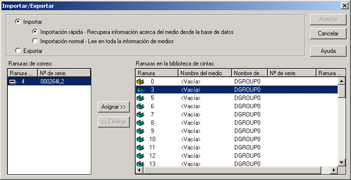 Cuadro de diálogo Importar/Exportar. Se especifican Importación e Importación rápida.