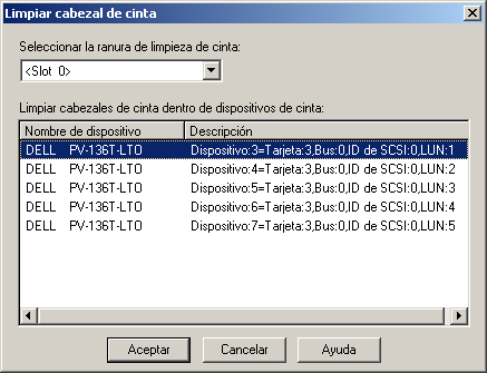 Cuadro de diálogo Limpiar cabezal de cinta. Se especifican la ranura de cinta de limpieza y el dispositivo.