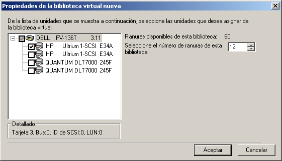 Cuadro de diálogo Propiedades de bibliotecas virtuales nuevas. Los dispositivos aparecen en la lista de dispositivos disponibles.