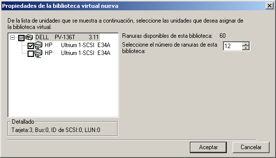 Cuadro de diálogo Propiedades de la biblioteca virtual nueva Se especifica un dispositivo. El cuadro de diálogo muestra la cantidad de ranuras disponibles para el dispositivo especificado.
