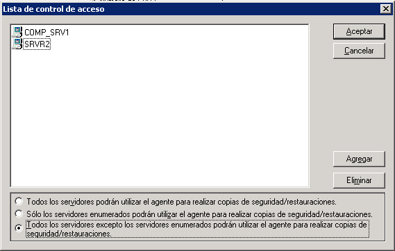 Cuadro de diálogo Lista de control de acceso del Administrador del agente de copia de seguridad