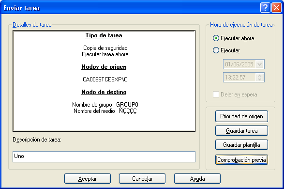 Cuadro de diálogo Enviar tarea. Se resalta la comprobación previa.