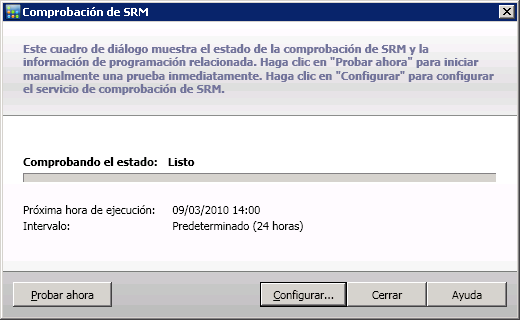 Cuadro de diálogo de estado de la comprobación de SRM