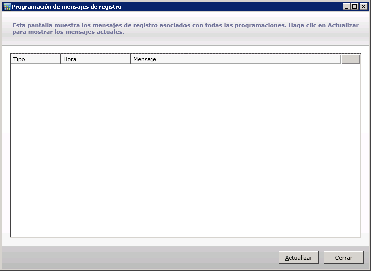 Ventana Mensajes de registro de programación