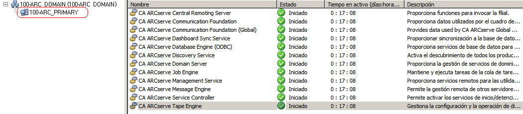 Ilustración: gestor de administración del servidor. Se resalta Motor de cintas de CA ARCserve.
