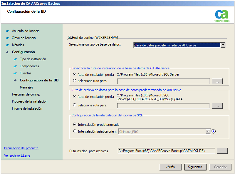Configuración: Cuadro de diálogo Configuración de la base de datos