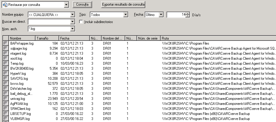 Resultados de la restauración por consulta para un dispositivo de NAS.