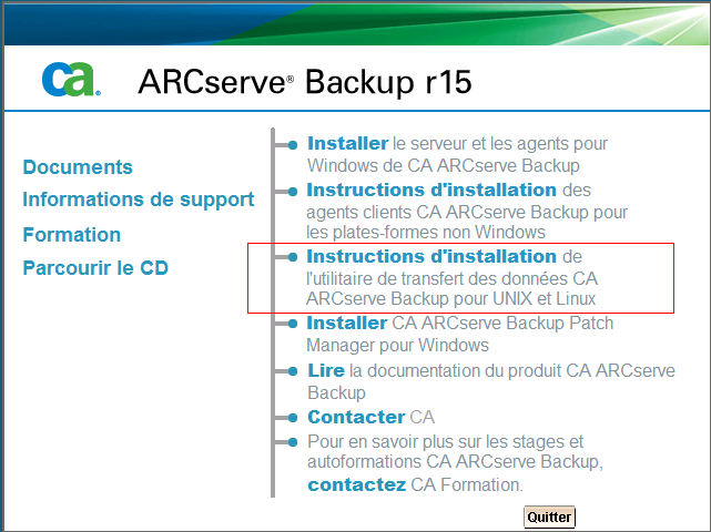 Explorateur d'installation. Les instructions d'installation pour le moteur de transfert de données pour UNIX/Linux sont mises en surbrillance.