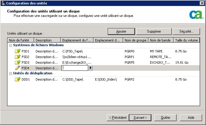 Configuration d'unités sur disque avec affichage d'un nouveau FSD