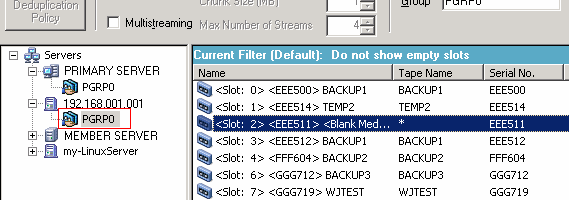Gestionnaire de sauvegarde : l'onglet Destination est sélectionné. Un serveur de moteur de transfert de données UNIX/Linux est sélectionné et la destination est une bibliothèque partagée.