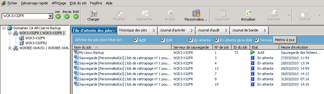 Gestionnaire d'état des jobs. Un serveur de moteur de transfert de données est sélectionné et contient l'historique des jobs dans l'onglet Historique des jobs.