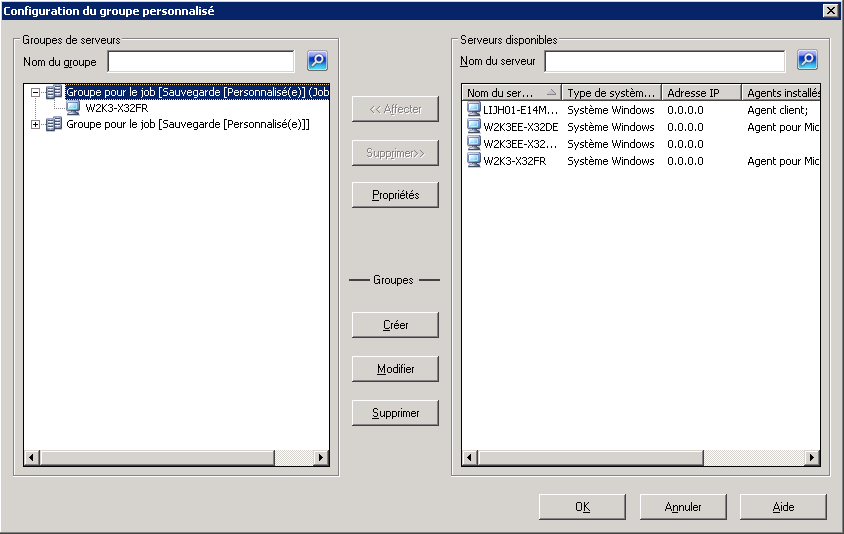 Boîte de dialogue Configuration d'un groupe personnalisé