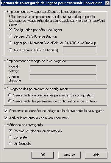 Boîte de dialogue Options de sauvegarde pour l'agent pour Microsoft Sharepoint