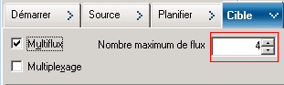 Il s'agit des fenêtre du gestionnaire de sauvegarde avec l'onglet Destination sélectionné. Le multiflux est spécifié. Le nombre maximum de flux est spécifié.