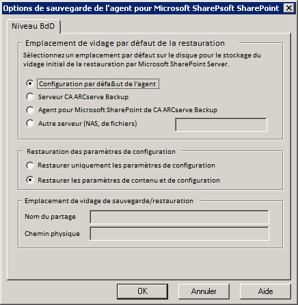 Restauration des options Agent sur Microsoft SharePoint
