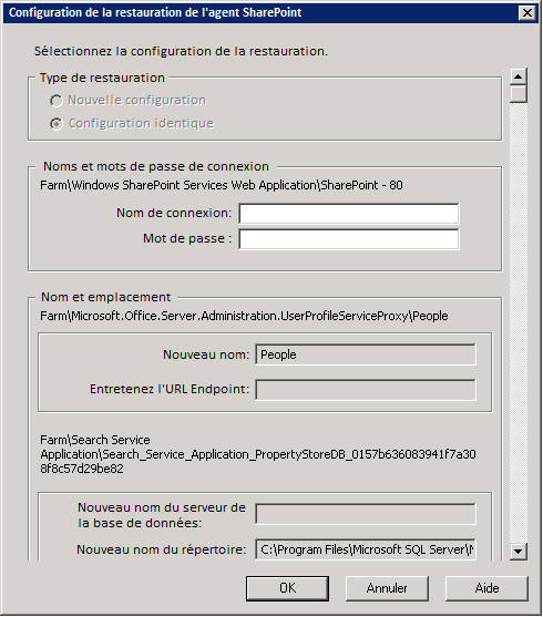 Boîte de dialogue Paramètres de configuration de restauration dans SharePoint Server