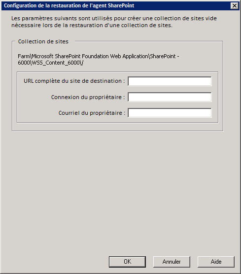Boîte de dialogue Configuration de la restauration de l'agent dans Microsoft SharePoint
