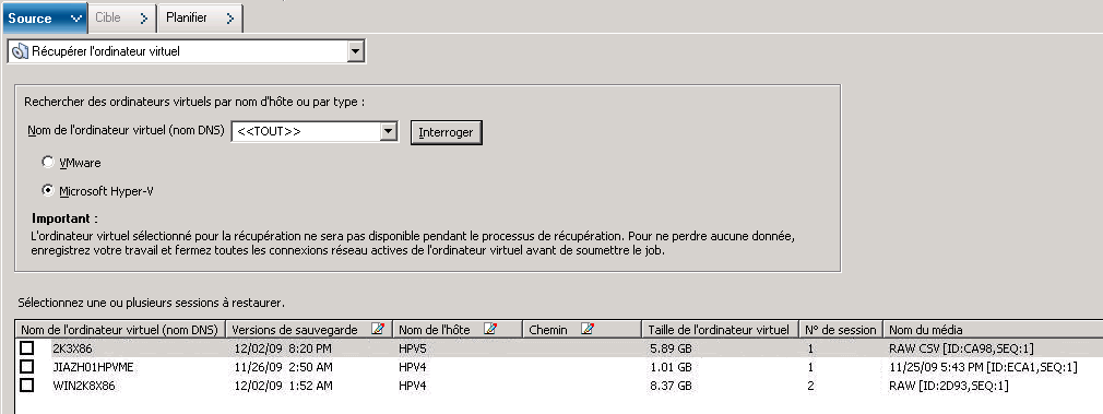 Ecran Récupérer l'ordinateur virtuel du gestionnaire de restauration.