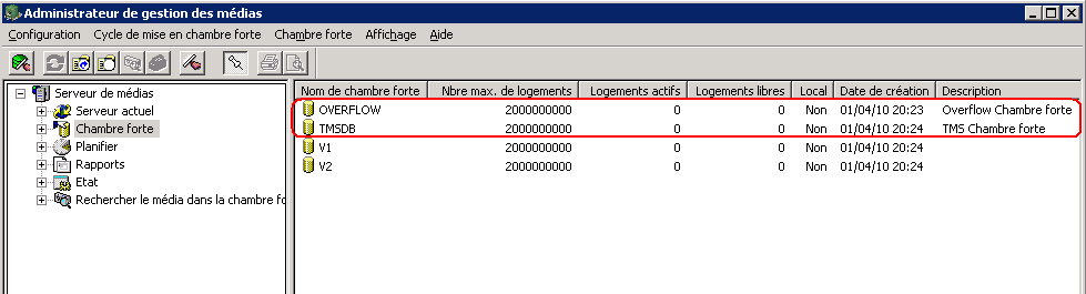 La fenêtre Administrateur de gestion des médias affiche des chambres fortes non reconnues.