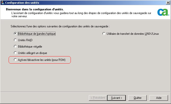 Ecran de bienvenue de la configuration des unités avec Activer/désactiver les unités (pour RSM) mis en surbrillance.