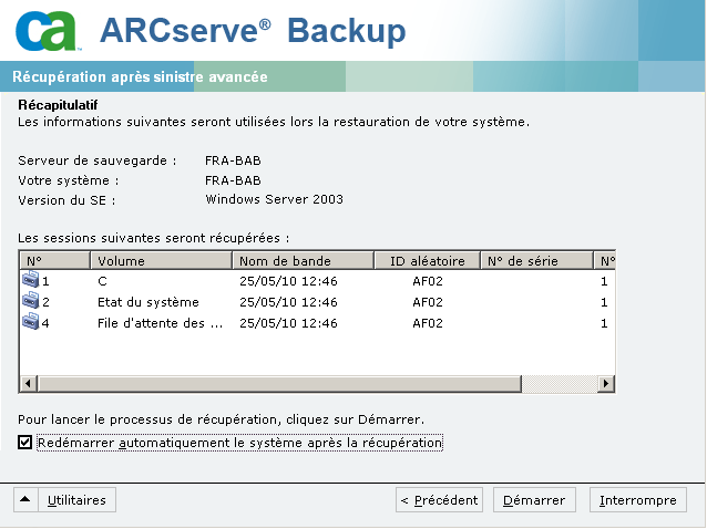Vérification de l'écran Récapitulatif