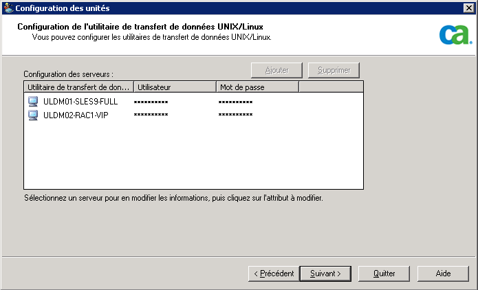 Configuration des unités : enregistrement du serveur de moteur de transfert de données auprès du serveur principal.