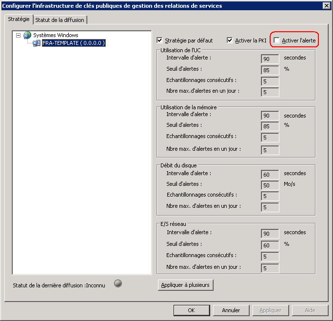 Boîte de dialogue Configurer l'infrastructure de clés publiques de gestion des relations de services L'option Activer l'alerte est mis en surbrillance.