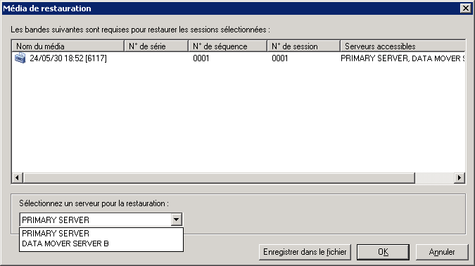 Boîte de dialogue Média de restauration. Vous pouvez restaurer les données sauvegardées sur des unités partagées sur le réseau SAN directement à partir du serveur principal ou du serveur B du moteur de transfert de données.