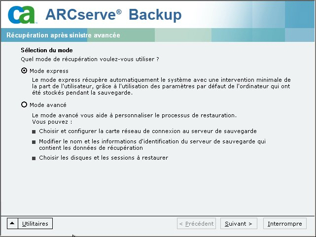 Sélection du mode Récupération après sinistre