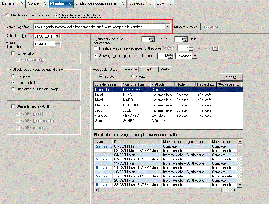 Onglet Planifier du gestionnaire de sauvegarde - Utilisation du schéma de rotation avec sauvegarde complète synthétique