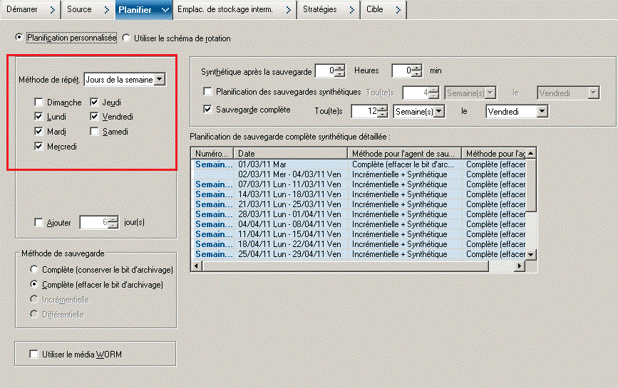 Onglet Planifier du gestionnaire de sauvegarde - Planification personnalisée pour la sauvegarde complète synthétique