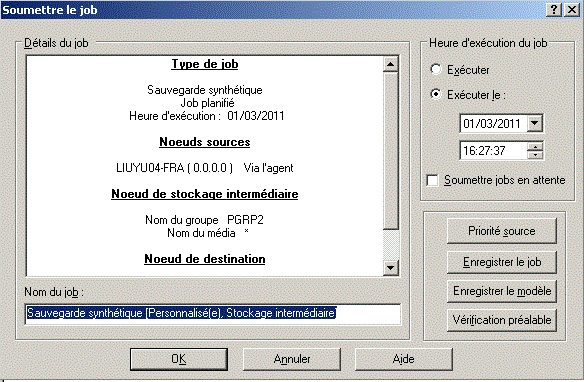 Boîte de dialogue Soumettre le job - Job de sauvegarde complète synthétique - Planification personnalisée
