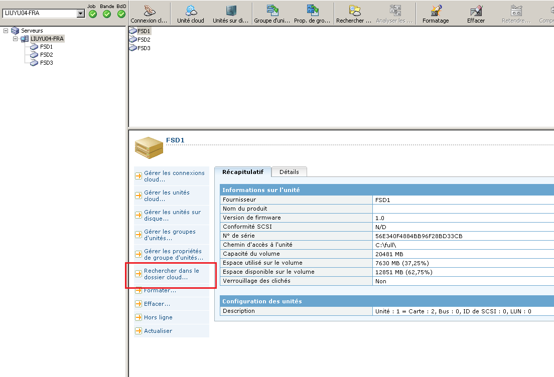 Fenêtre des informations Rechercher dans le dossier cloud à partir des serveurs