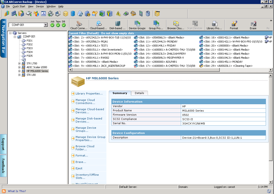 Fenêtre Gestionnaire d'unités. Les informations récapitulatives sur les bibliothèques s'affichent.