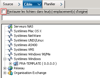 La fenêtre du gestionnaire de restauration et l'onglet Destination sont sélectionnés. La restauration des fichiers à leur emplacement d'origine est mise en surbrillance.