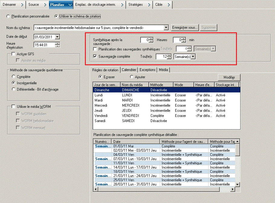 Définition d'une stratégie synthétique pour la sauvegarde complète synthétique à l'aide d'un schéma de rotation