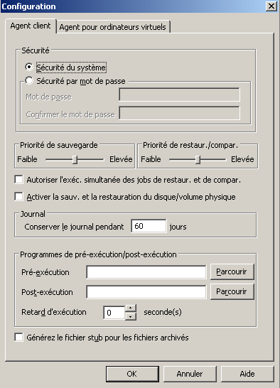 Boîte de dialogue Configuration de l'administrateur de l'agent client