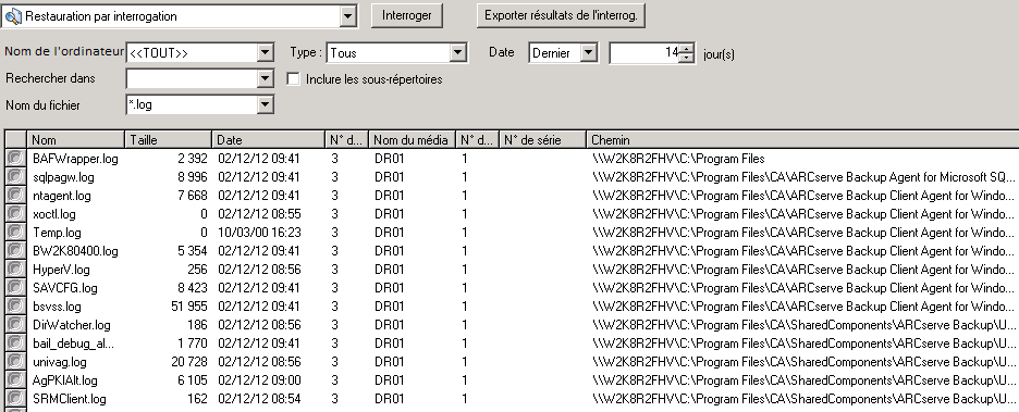 Restauration par résultats de requête d'une unité NAS