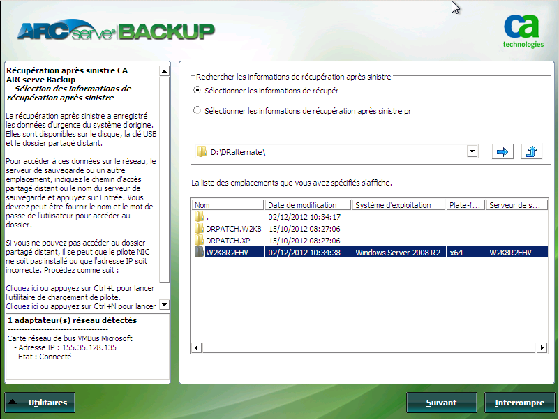Récupération après sinistre Windows PE : sélectionnez la fenêtre Informations de récupération après sinistre.
