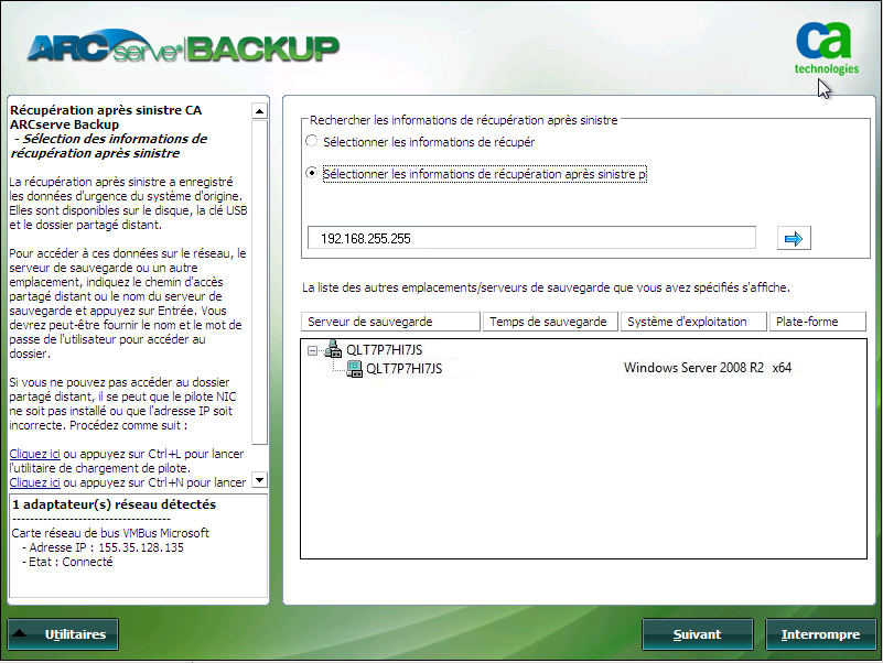 Récupération après sinistre Windows PE : sélectionnez la fenêtre Informations de récupération après sinistre.