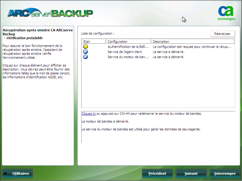 Récupération après sinistre Windows PE : fenêtre Vérification préalable.