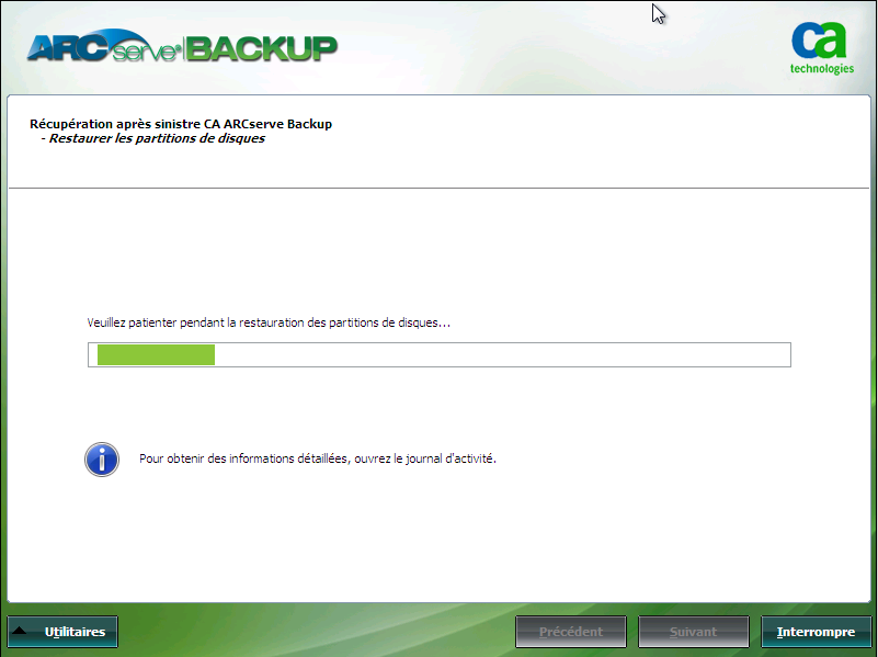 Récupération après sinistre Windows PE : fenêtre Restaurer les partitions de disques.