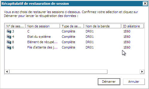 Récupération après sinistre Windows PE : fenêtre Récapitulatif de restauration de session.