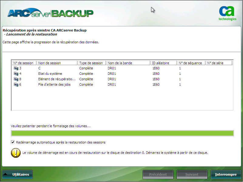 Récupération après sinistre Windows PE : fenêtre Lancement de la restauration.