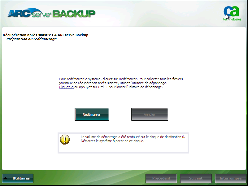 Récupération après sinistre Windows PE : fenêtre Préparation au redémarrage.
