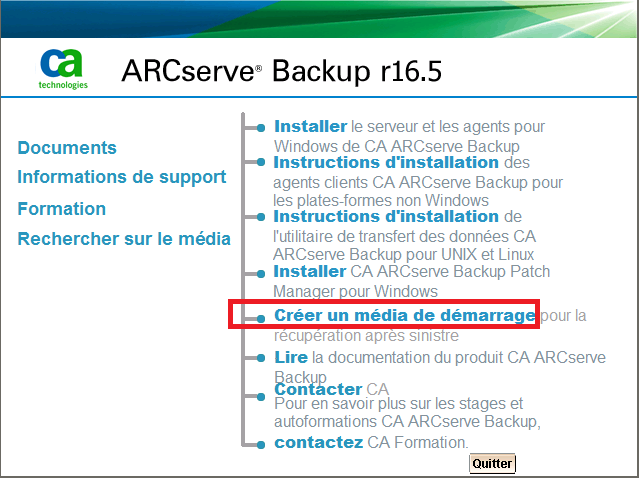 Assistant de création d'un kit de démarrage - Média d'installation de CA ARCServe Backup