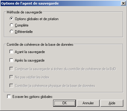Boîte de dialogue Options de sauvegarde de l'agent