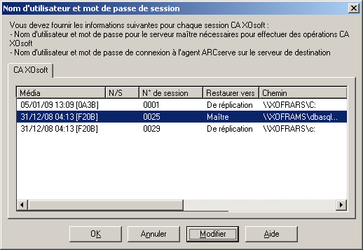 Restauration par session - boîte de dialogue Nom d'utilisateur et mot de passe de session