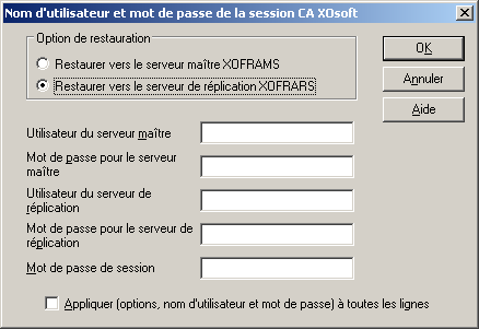 Restauration par session - boîte de dialogue Entrer le nom d'utilisateur et le mot de passe de la session CA ARCserve Replication